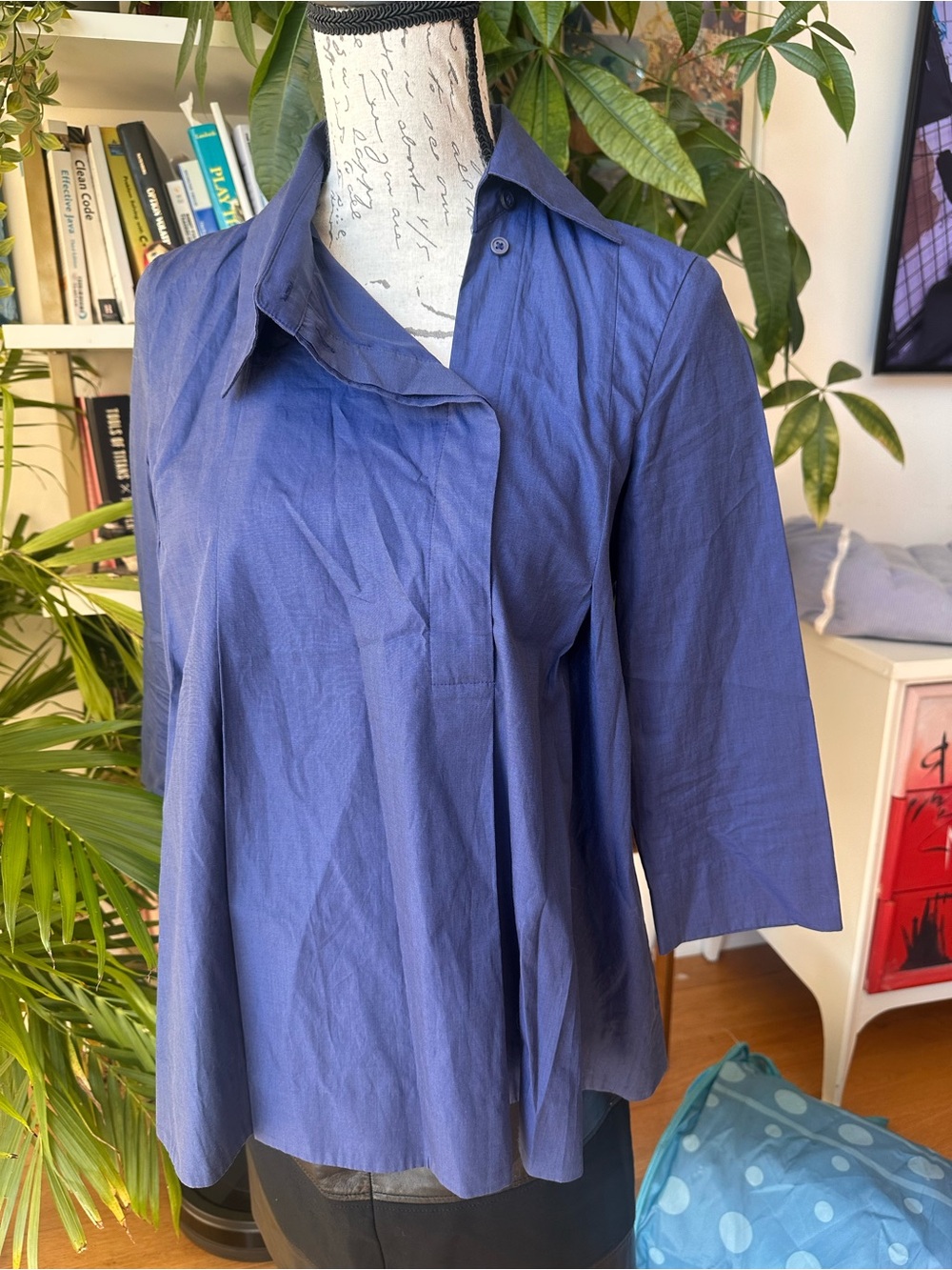 Blue Women's Collared Pleated Top - Picture 2 of 5